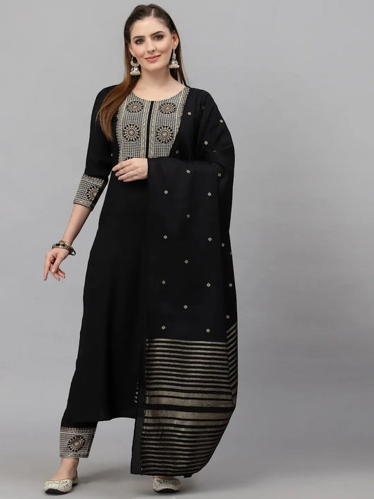 Black Printed Fancy Kurti With Bottom & Dupatta set Desi Soul