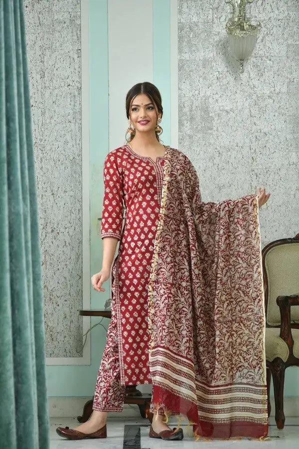 Red & Cream Printed Fancy Kurti With Bottom & Dupatta set Desi Soul