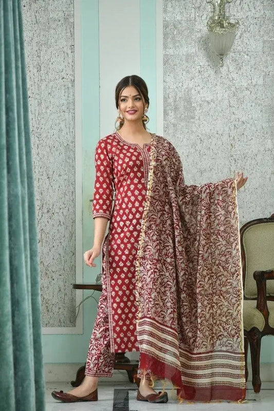 Red & Cream Printed Fancy Kurti With Bottom & Dupatta set Desi Soul