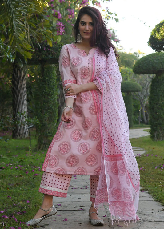 Baby Pink Printed Fancy Kurti With Bottom Dupatta set Desi Soul