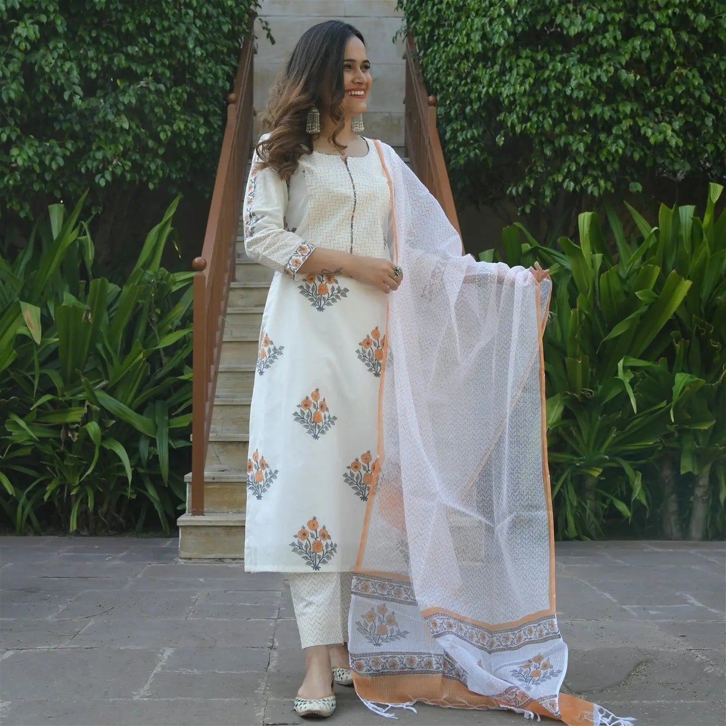 White & Yellow Fancy Kurti With Bottom Dupatta set Desi Soul