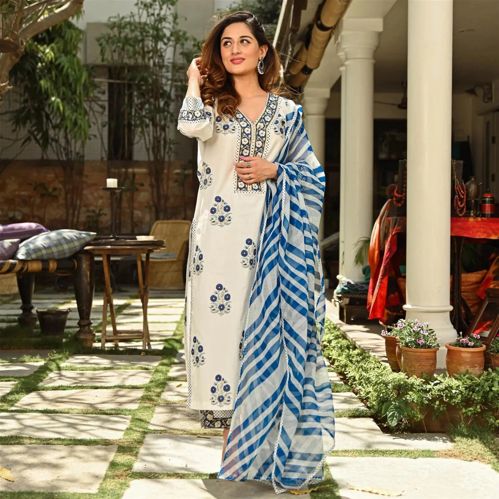 White & Blue Fancy Kurti With Bottom Dupatta set Desi Soul