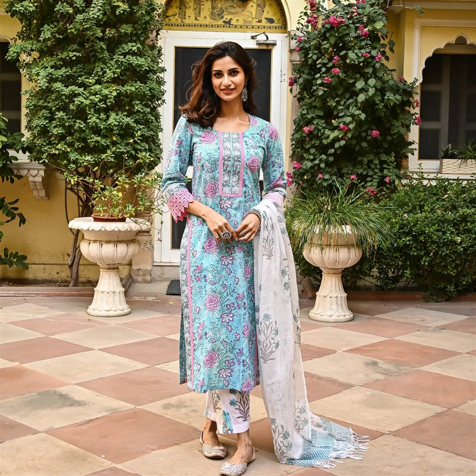 Pink & Sky Blue Fancy Kurti With Bottom Dupatta set Desi Soul