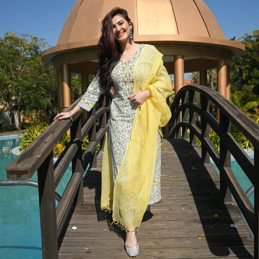 Yellow & White Fancy wear Kurti With Bottom and Dupatta set Desi Soul