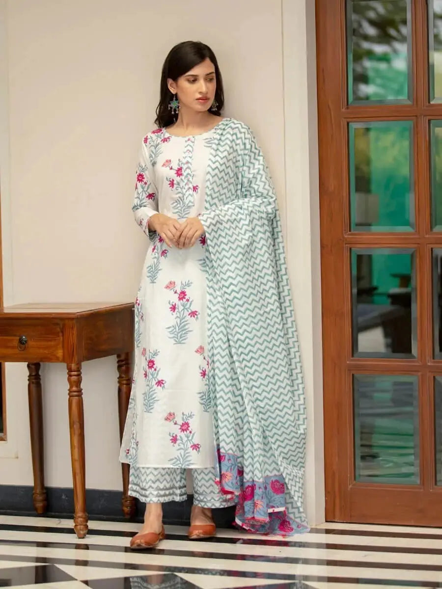 Leaf Green & White Fancy wear Kurti With Bottom and Dupatta set Desi Soul