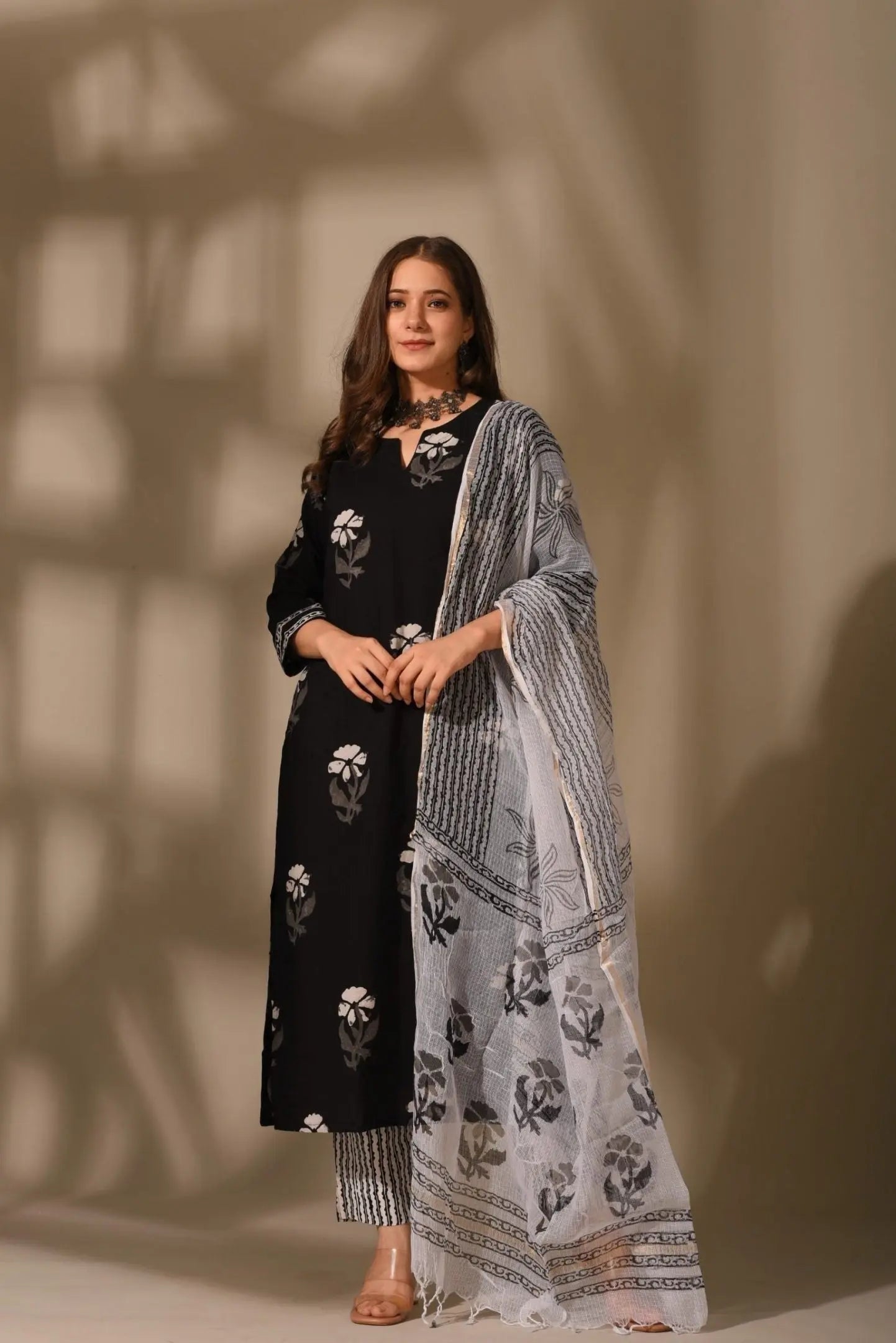 Black & Light Grey Fancy wear Kurti With Bottom Dupatta set Desi Soul