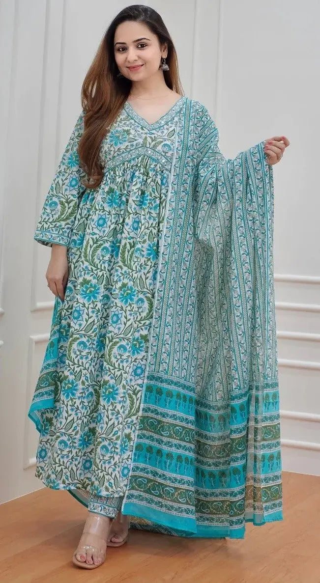 Sky Blue Printed wear Kurti With Bottom Dupatta set Desi Soul