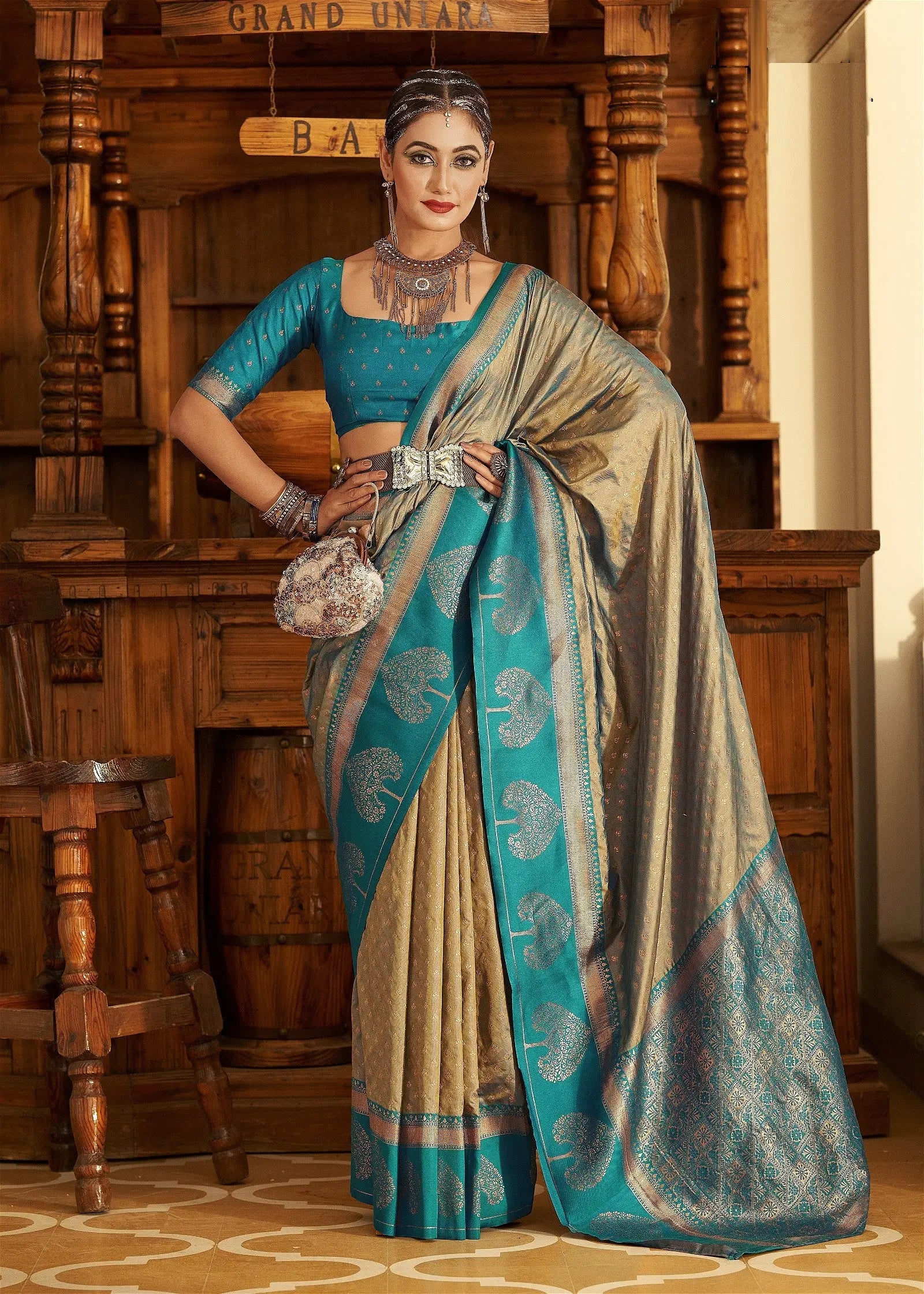 Buff Beige Banarasi Silk Saree With Zari Weaving Work Desi Soul