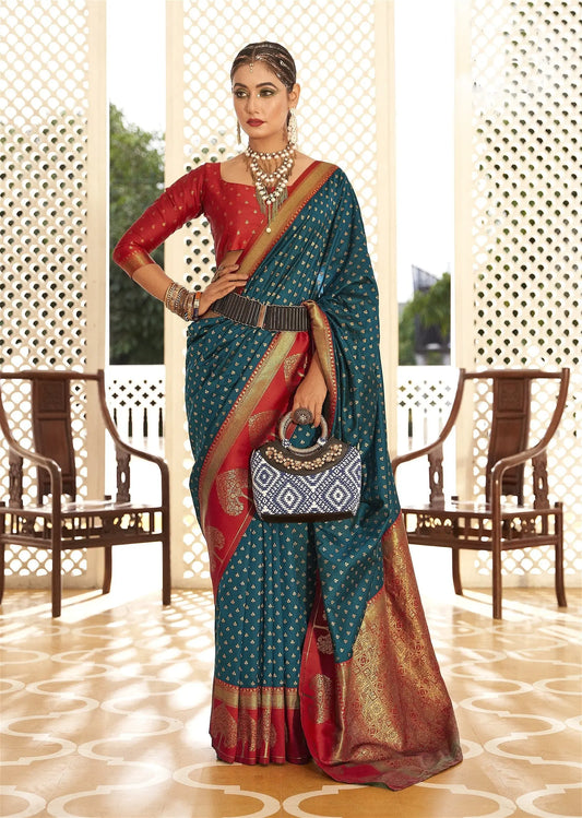 Teal Blue Banarasi Silk Saree With Zari Weaving Work Desi Soul