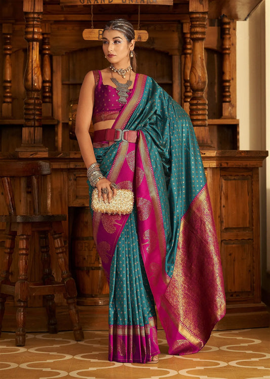 Rama Blue Banarasi Silk Saree With Zari Weaving Work Desi Soul