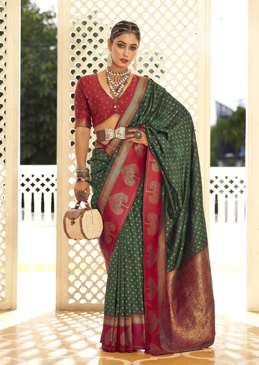 Dark Green Banarasi Silk Saree With Zari Weaving Work Desi Soul