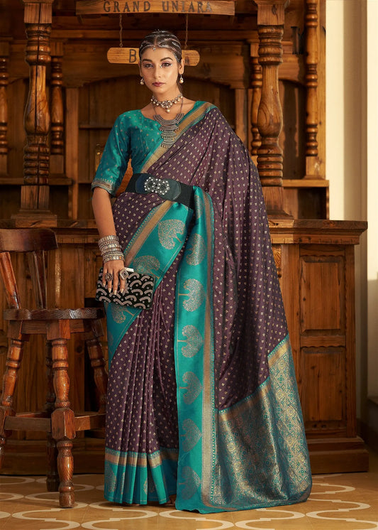 Merlot Wine Banarasi Silk Saree With Zari Weaving Work Desi Soul