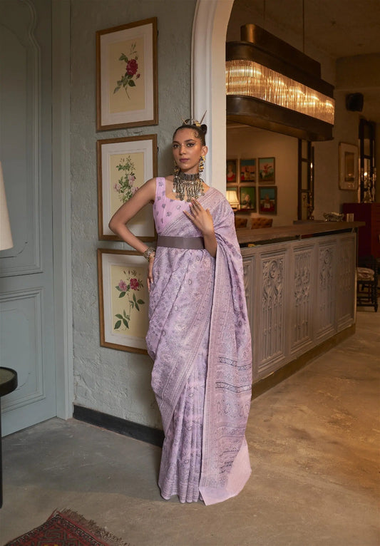 Light Purple Kashmiri Silk Saree With Handloom Weaving Desi Soul