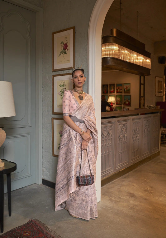 Light Pink Kashmiri Silk Saree With Handloom Weaving Desi Soul