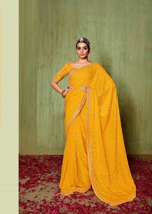 Yellow Chiffon Foil Printed Bandhani Saree Desi Soul