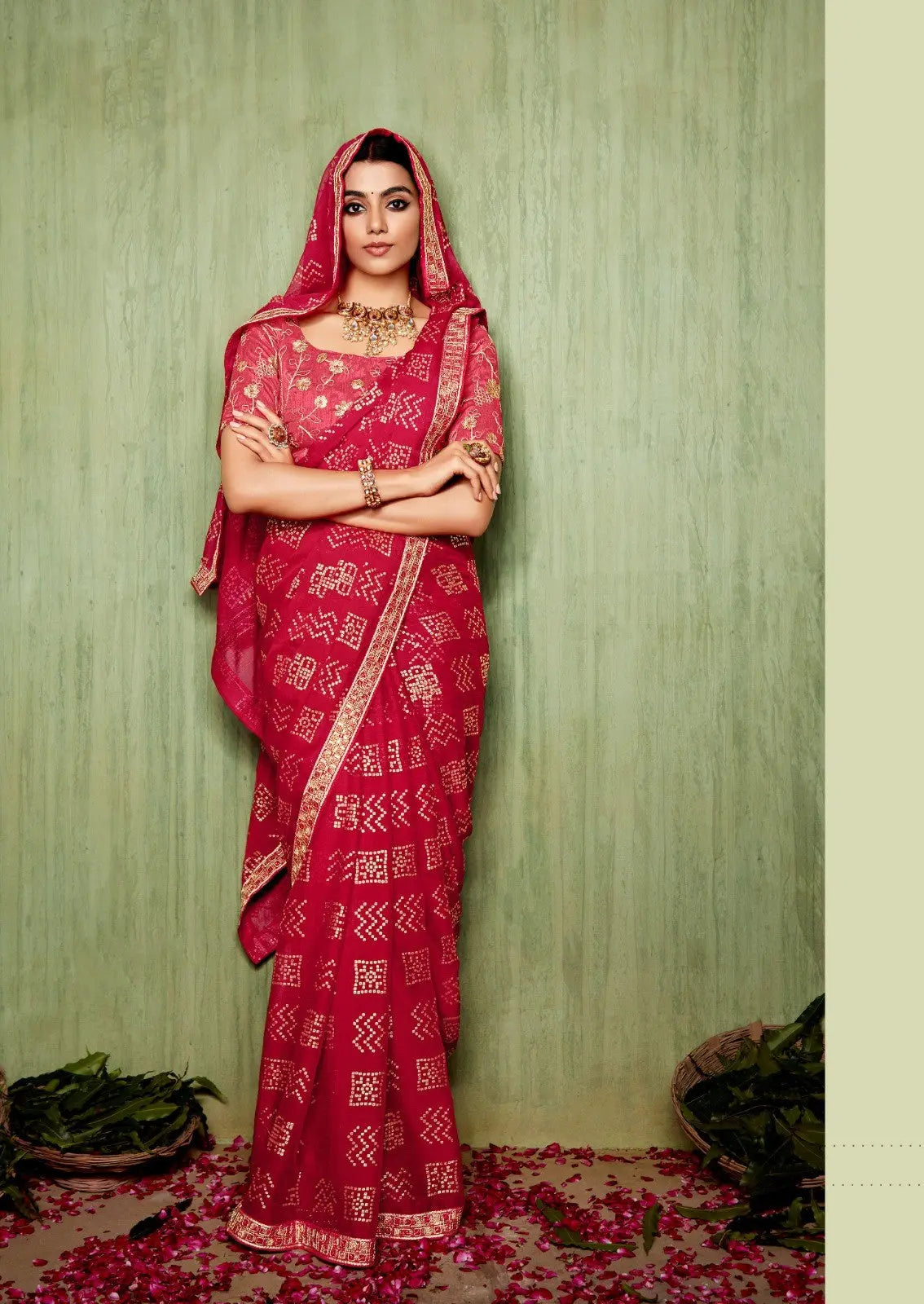 Red Chiffon Foil Printed Bandhani Saree Desi Soul