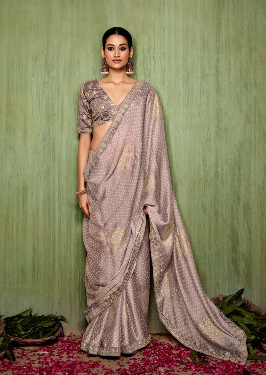 Light Brown Chiffon Foil Printed Bandhani Saree Desi Soul