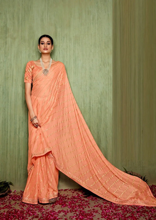 Light Orange Chiffon Foil Printed Bandhani Saree Desi Soul