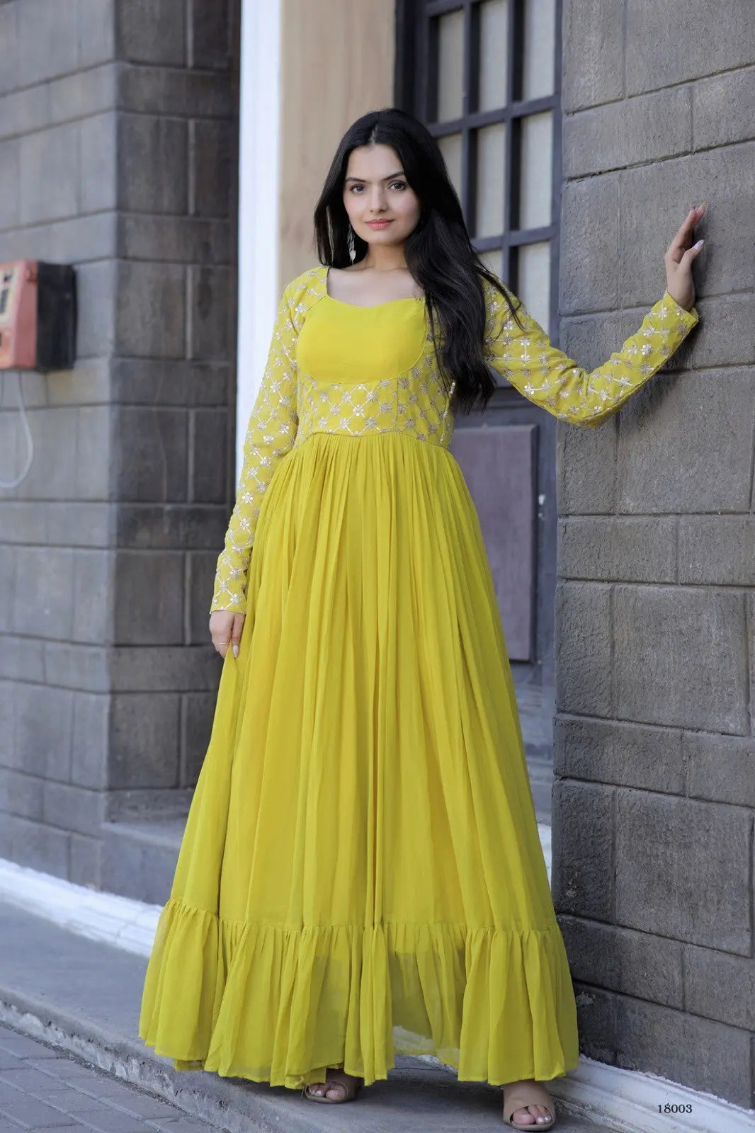 Yellow Faux Blooming Stylish Long Women's Gown Desi Soul