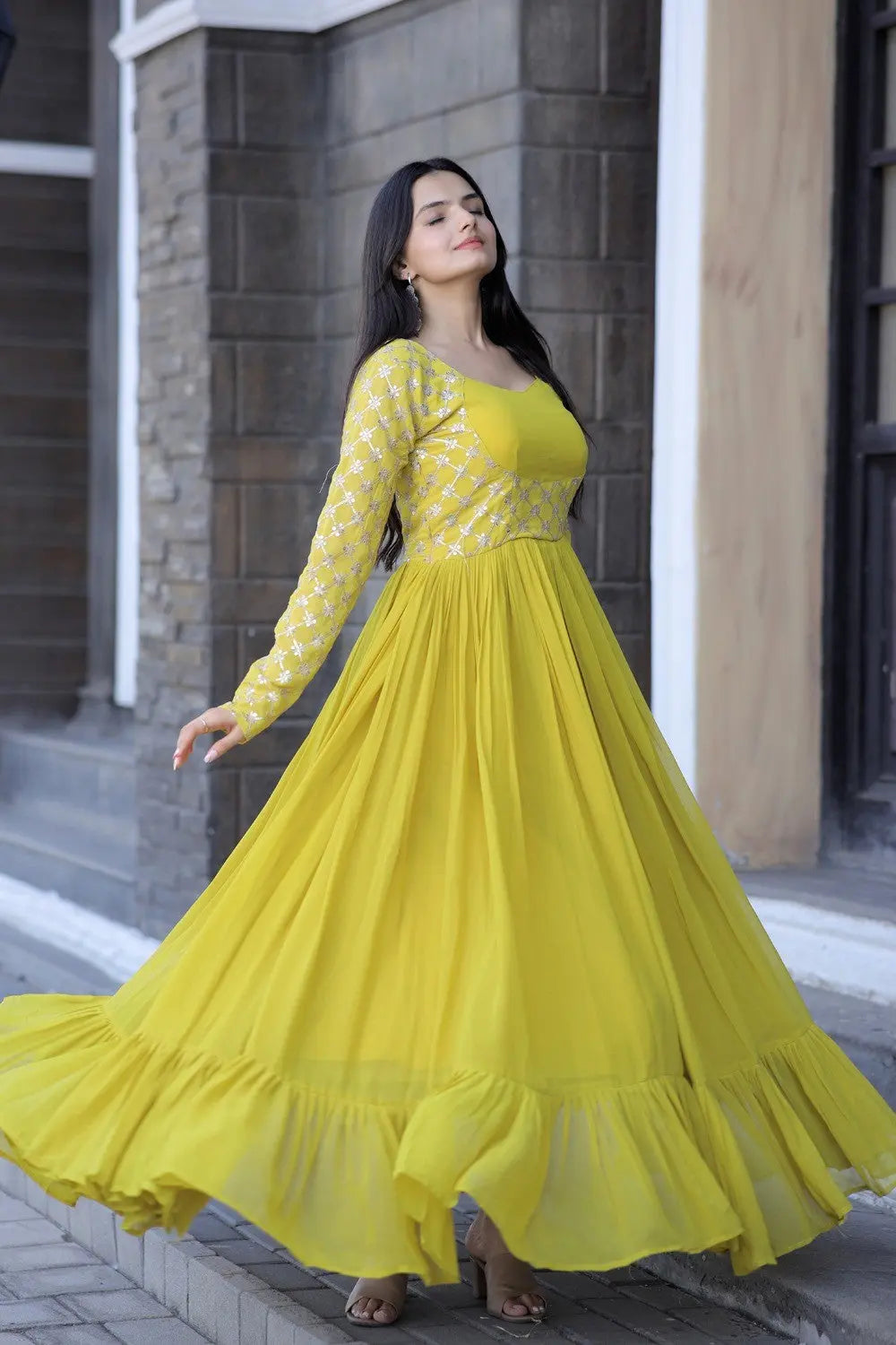 Yellow Faux Blooming Stylish Long Women's Gown Desi Soul