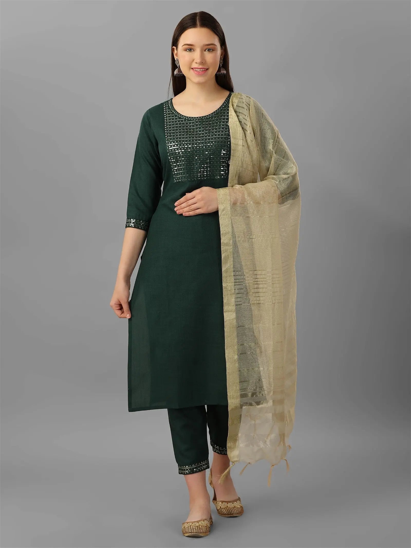 Green Colour Cotton Kurta Pant With Dupatta Set Desi Soul