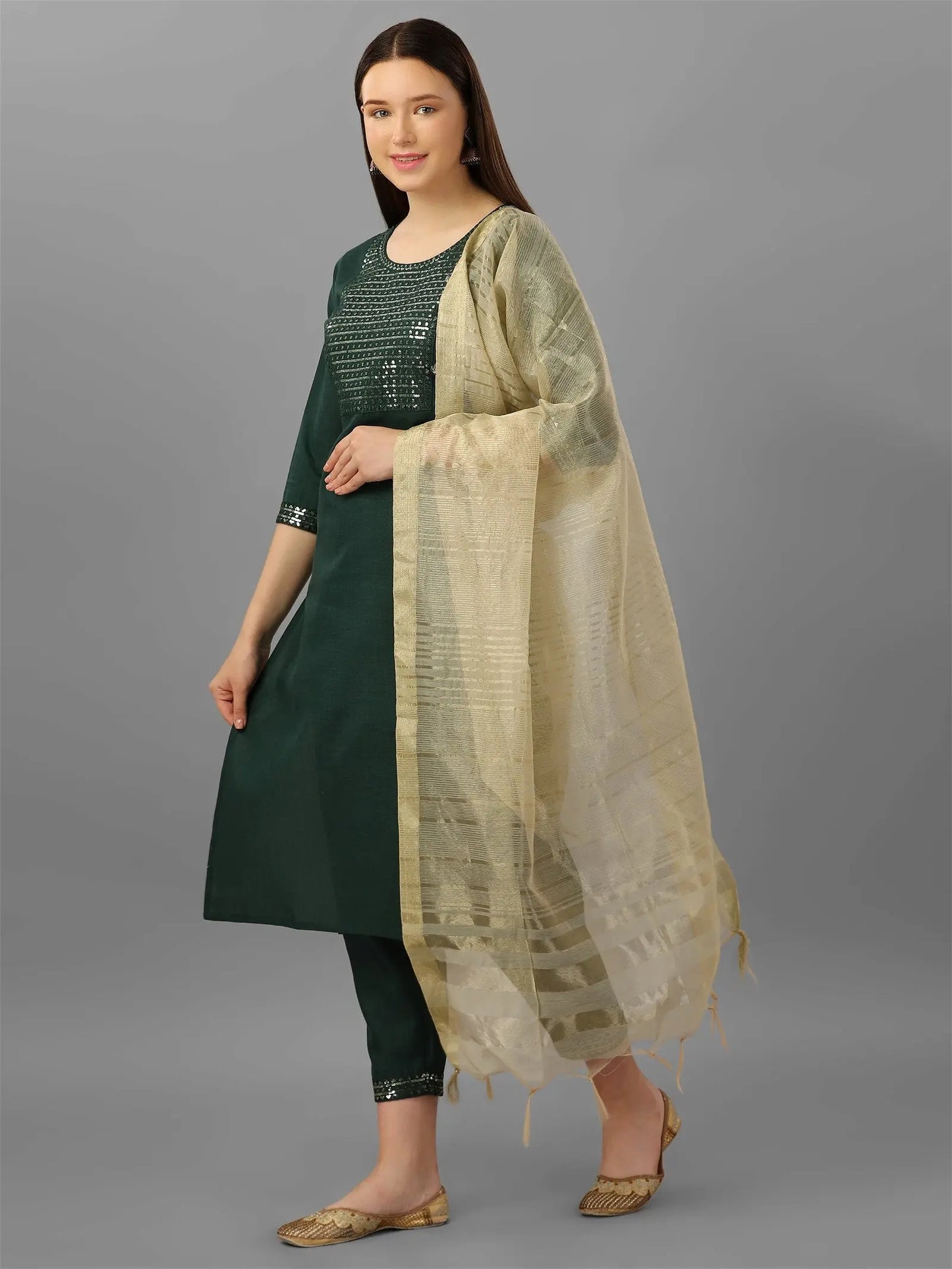 Green Colour Cotton Kurta Pant With Dupatta Set Desi Soul