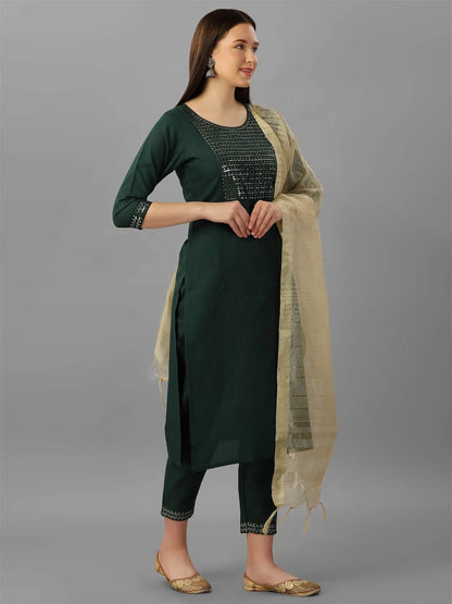 Green Colour Cotton Kurta Pant With Dupatta Set Desi Soul