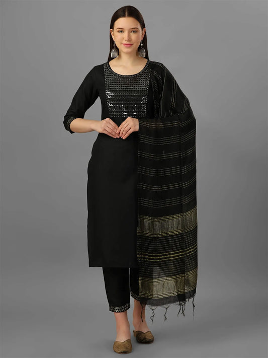 Black Colour Cotton Kurta Pant With Dupatta Set Desi Soul