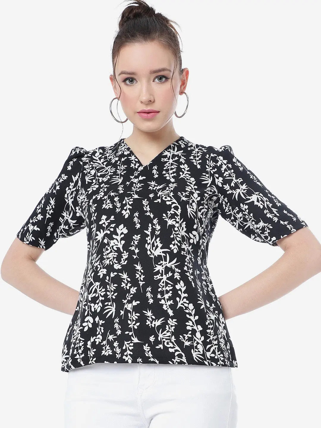 Black And White Floral Velly Casual Top Desi Soul