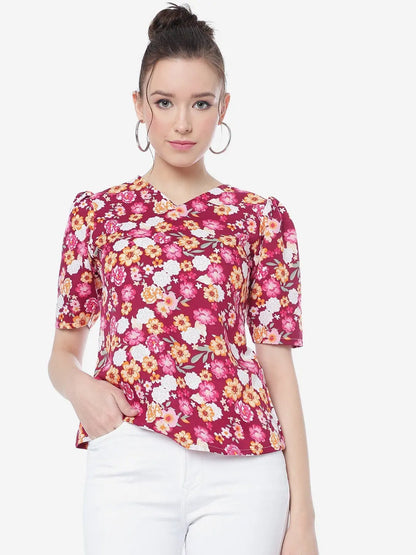 Deep Carmine Floral Printed Casual Top Desi Soul