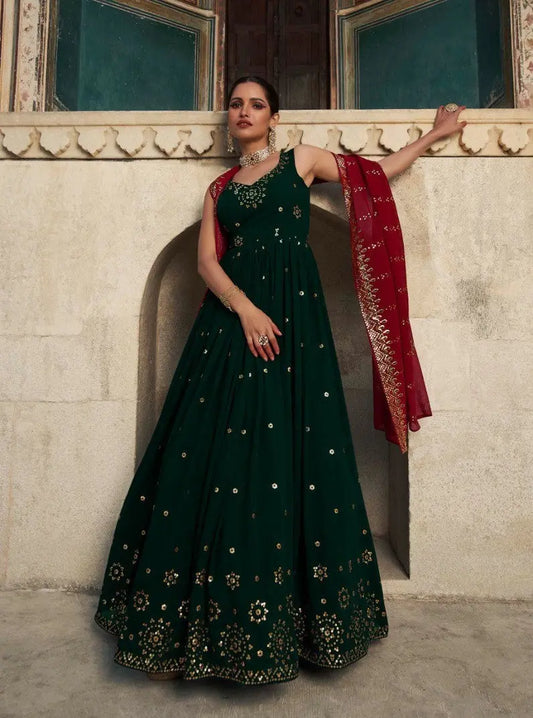 Dark Green Wedding Wear Women's Gown With Stylish Dupatta Desi Soul