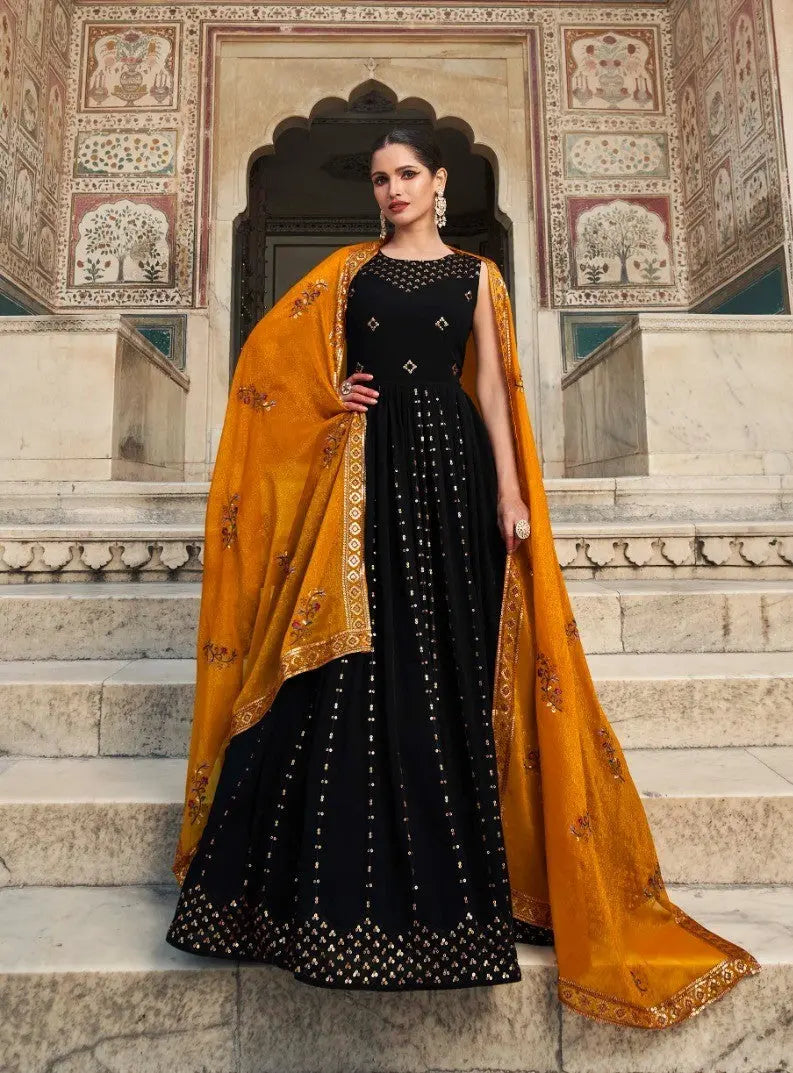 Black Women's Gown With Mustard Yellow Dupatta Desi Soul