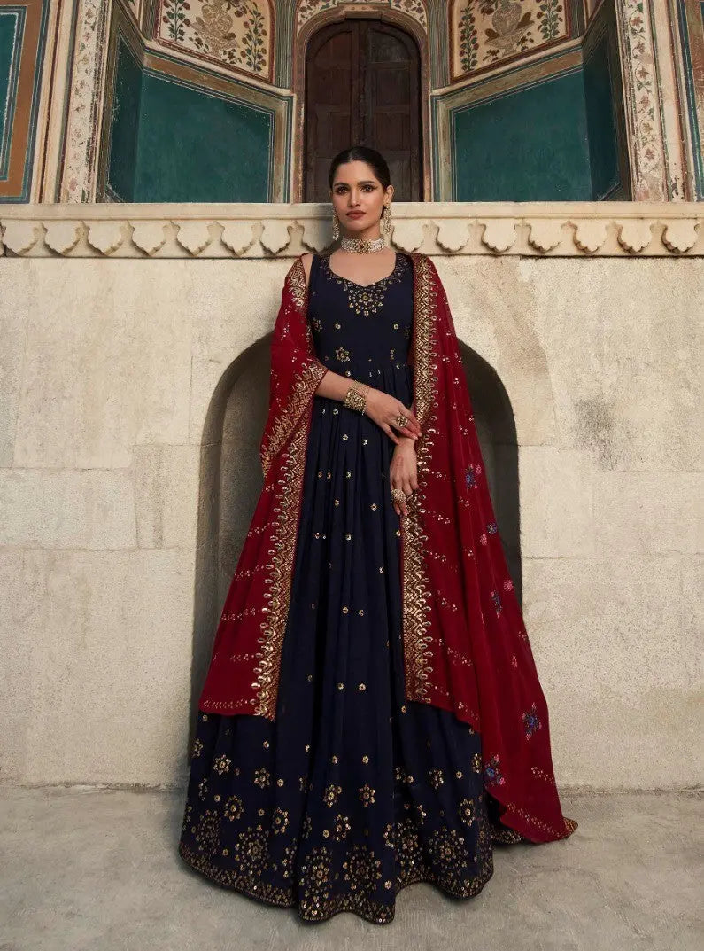 Navy Blue Women's Gown With Maroon Stylish Dupatta Desi Soul