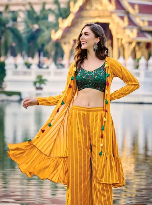 Green And Yellow Classy Indo Western With Stylish Koti - Let Us Vogue