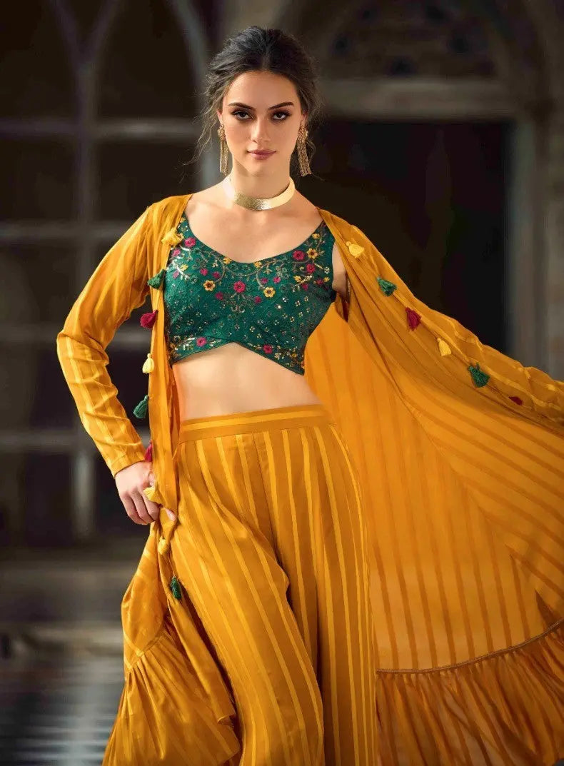 Green And Yellow Classy Indo Western With Stylish Koti - Let Us Vogue