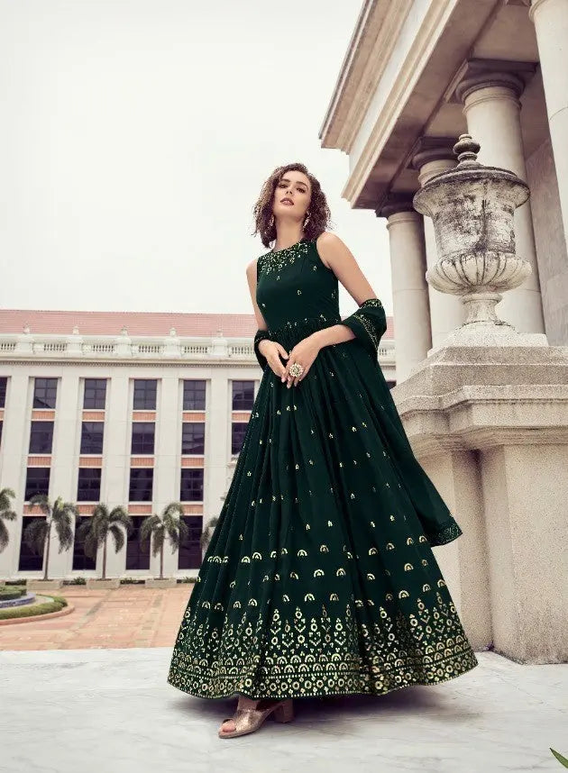 Dark Green Wedding Wear Women's Gown With Stylish Dupatta Desi Soul