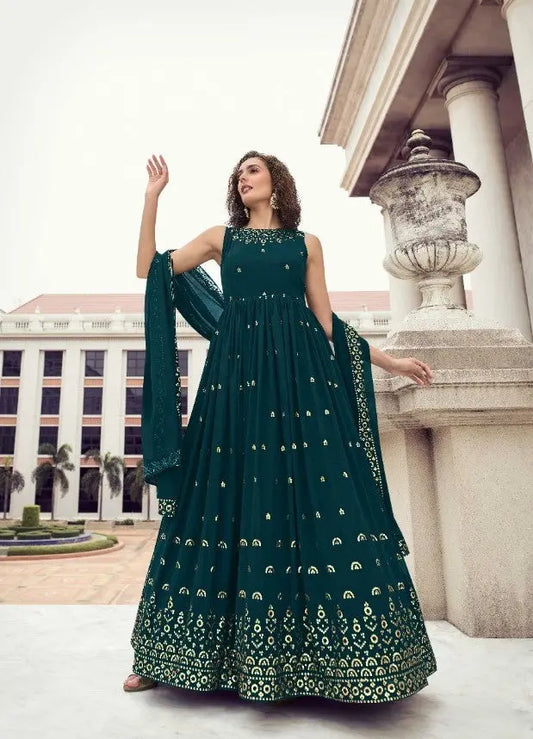 Rama Wedding Wear Women's Gown With Stylish Dupatta Desi Soul