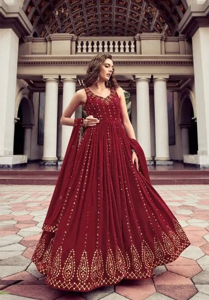 Maroon Wedding Wear Women's Gown With Stylish Dupatta Desi Soul