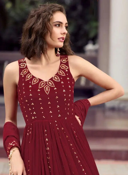 Maroon Wedding Wear Women's Gown With Stylish Dupatta Desi Soul