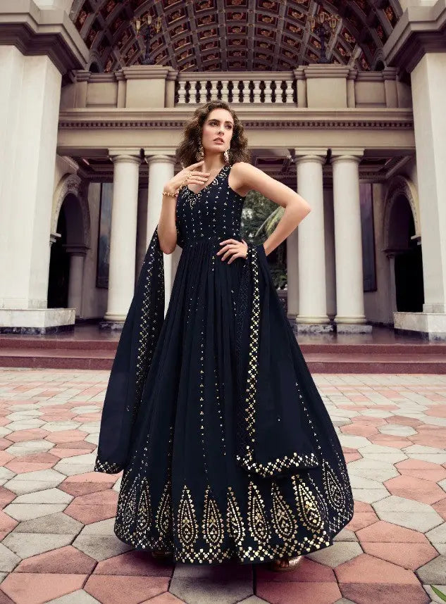 Dark Blue Wedding Wear Women's Gown With Stylish Dupatta Desi Soul