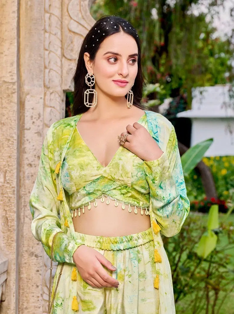 Pea Green Tie & Dye Indo Western Suit For Women - Let Us Vogue