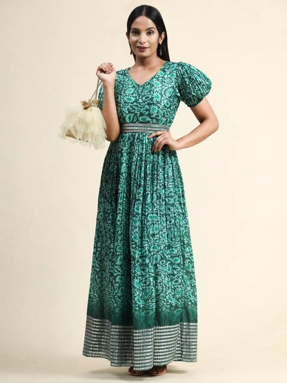 Dark Green Organza Long Gown For Women Desi Soul