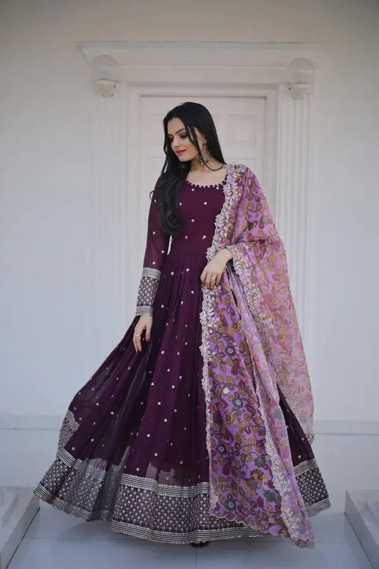 Wine Color Embroidery And Zari Sequins work Party Wear Gown Desi Soul