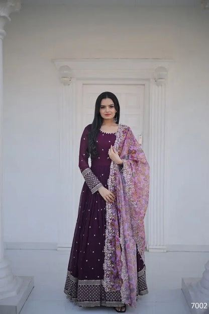 Wine Color Embroidery And Zari Sequins work Party Wear Gown Desi Soul