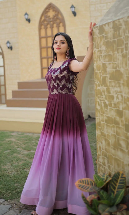 Purple Color Embroidery And Zari Sequins work Party Wear Gown Desi Soul