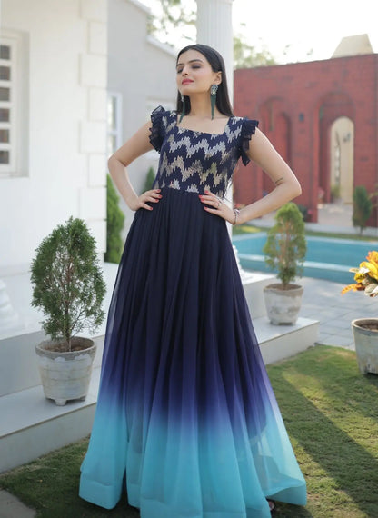 Blue Color Embroidery And Zari Sequins work Party Wear Gown Desi Soul