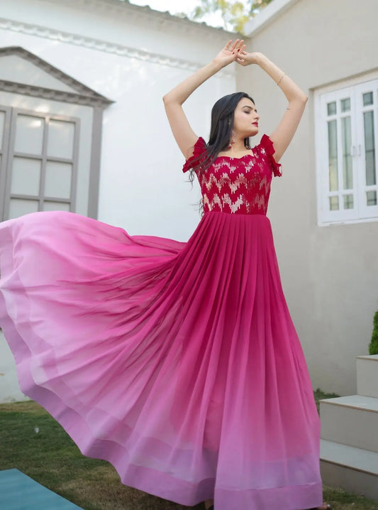 Pink Color Embroidery And Zari Sequins work Party Wear Gown Desi Soul