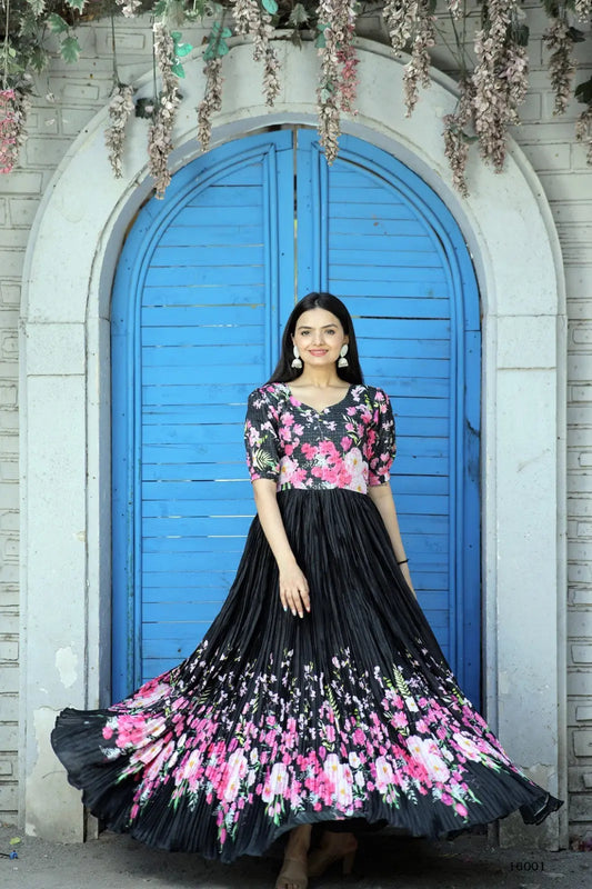 Black Floral Designer Party Wear Full Flared Long Gown Desi Soul