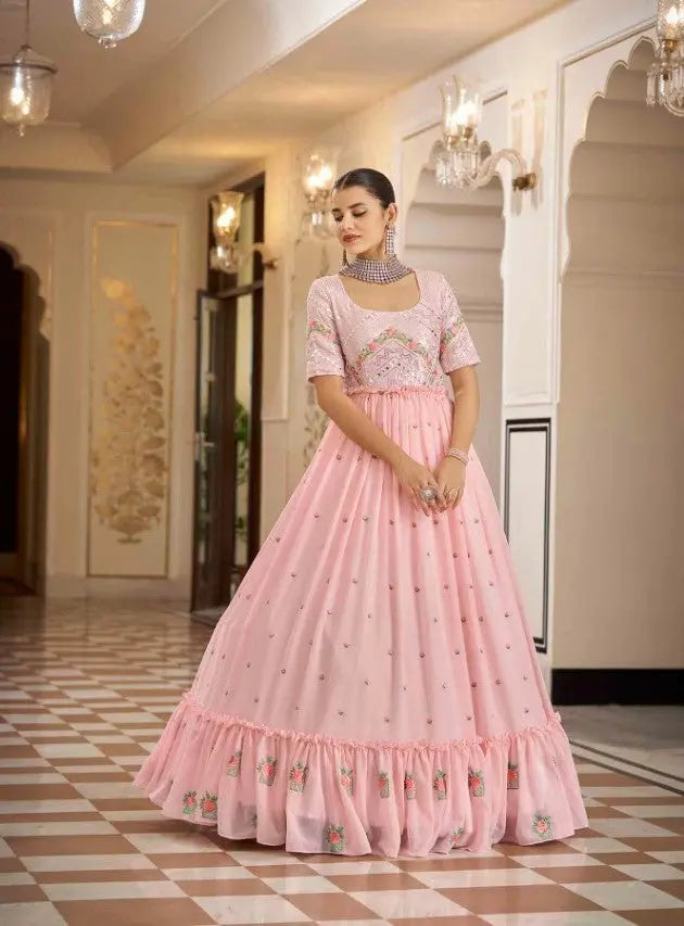 Semi-Stitched Stylish Pink Floral Embroidered Georgette Long Gown Desi Soul