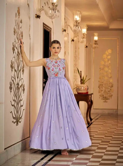 Semi-Stitched Stylish Lavender Floral Embroidered Georgette Long Gown Desi Soul